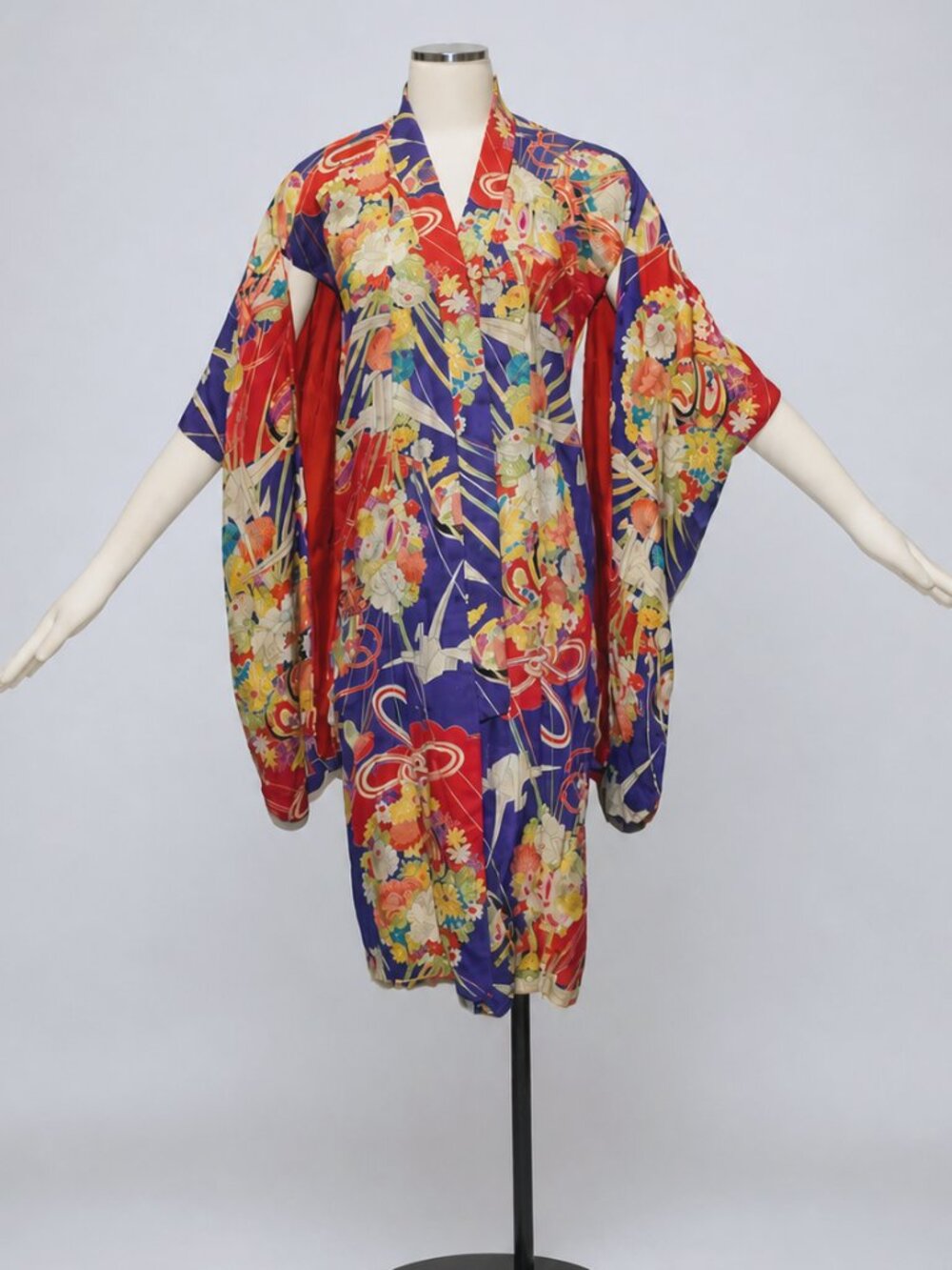 Vintage 40s 1940 Kimono Floral Origami Cranes Print XS As Is Damaged